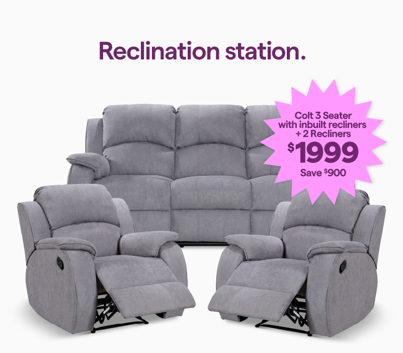 Two recliners and a 3 seater sofa with a pink starburst displaying a purple price of $1999.