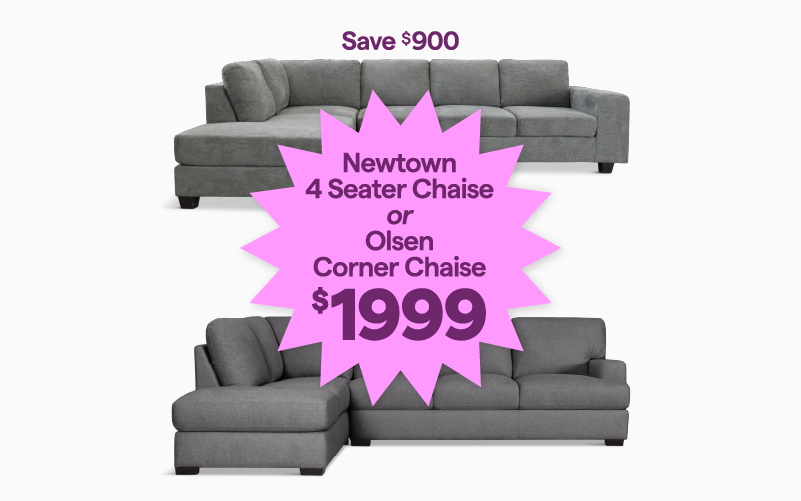 2 grey corner sofas both on sale with a pink starburst showing they are $1999.