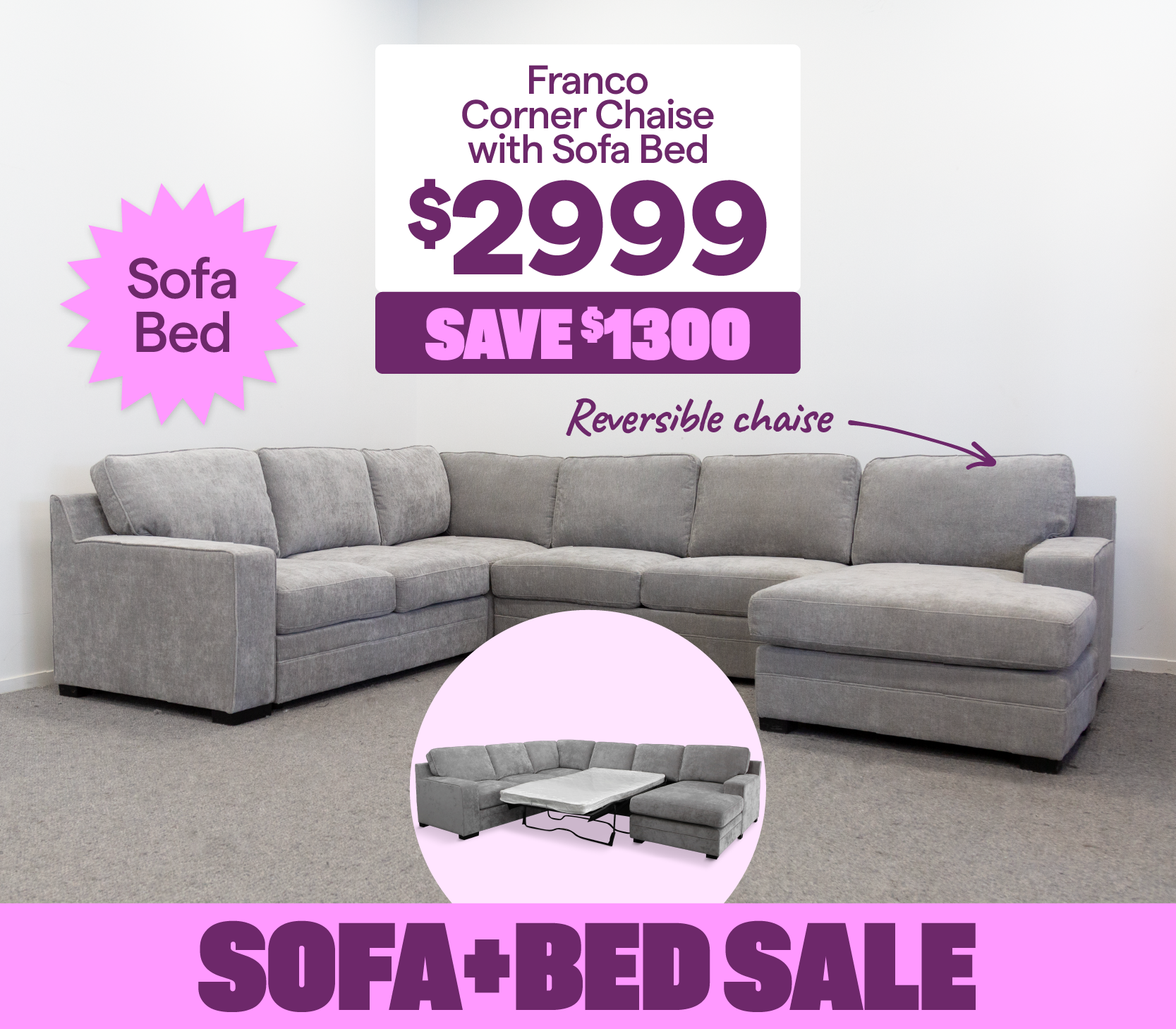 'Franco corner chaise with sofa bed,' priced at $2999, save $1300. Included a reversible chaise.