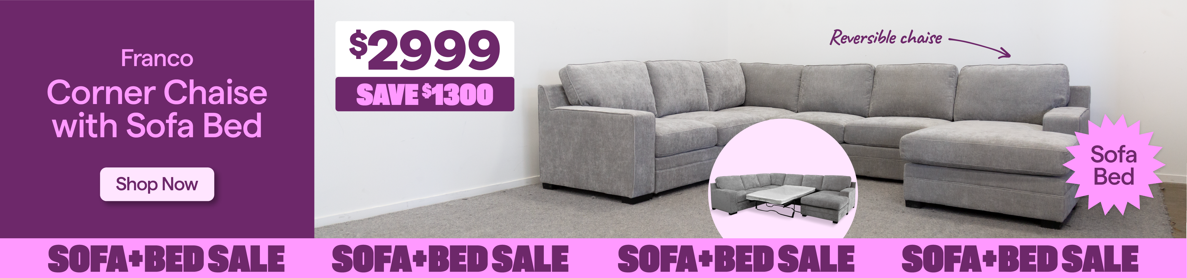 'Franco corner chaise with sofa bed,' priced at $2999, save $1300. Included a reversible chaise.