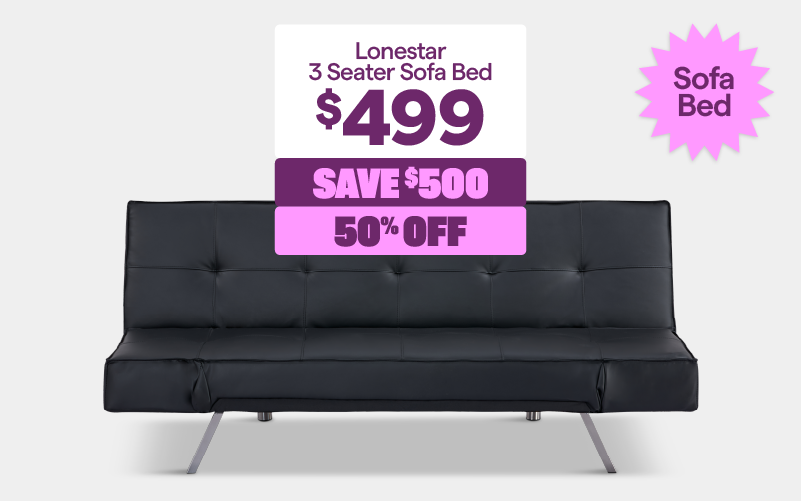 'Lonestar 3 seater sofa bed,' priced at $499, and save $500. 50% off. 