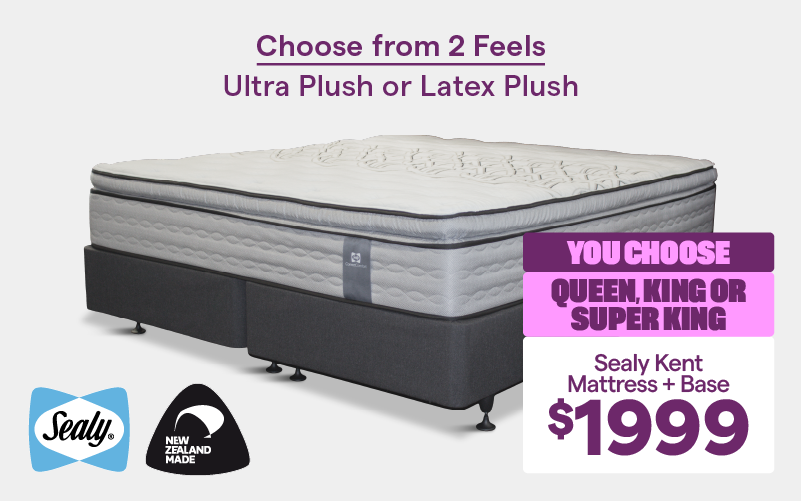 'Sealy Kent mattress + base,' priced at $1999. Choose from: queen, king, or super king. Choose from 2 feels: ultra plush or latex plush.