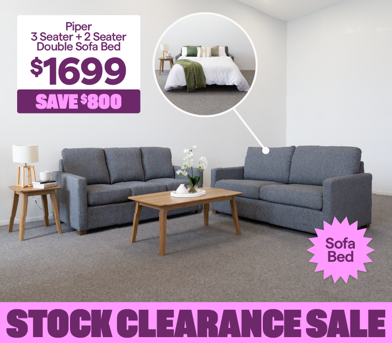 'Piper 3 seater + 2 seater double sofa bed,' priced at $1699, save $800. 