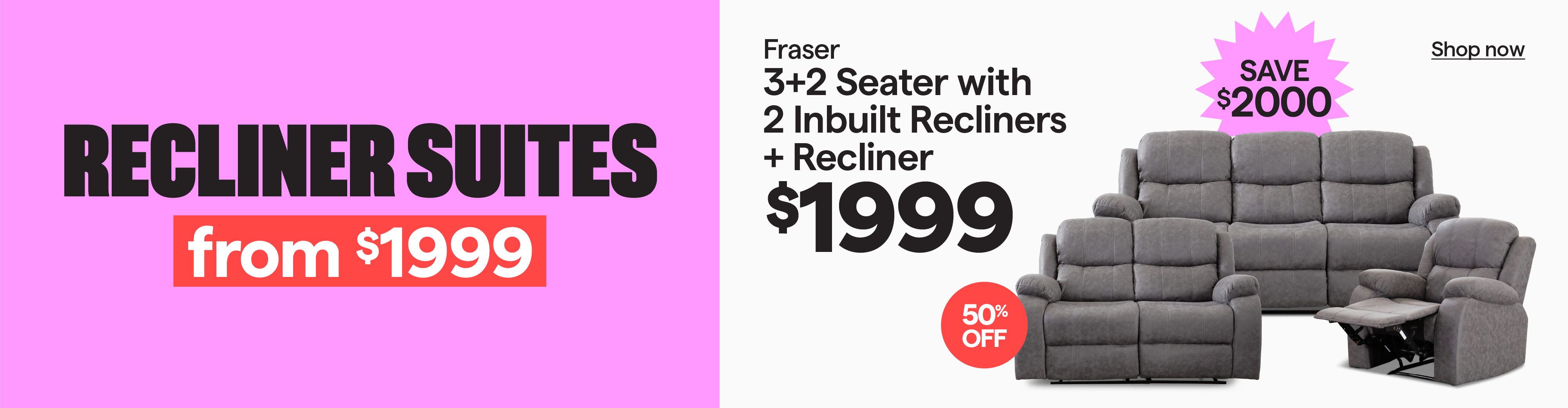 Fraser 3+2 Seater with 2 Inbuilt Recliners + Recliner for $1999, save $2000. 50% off.