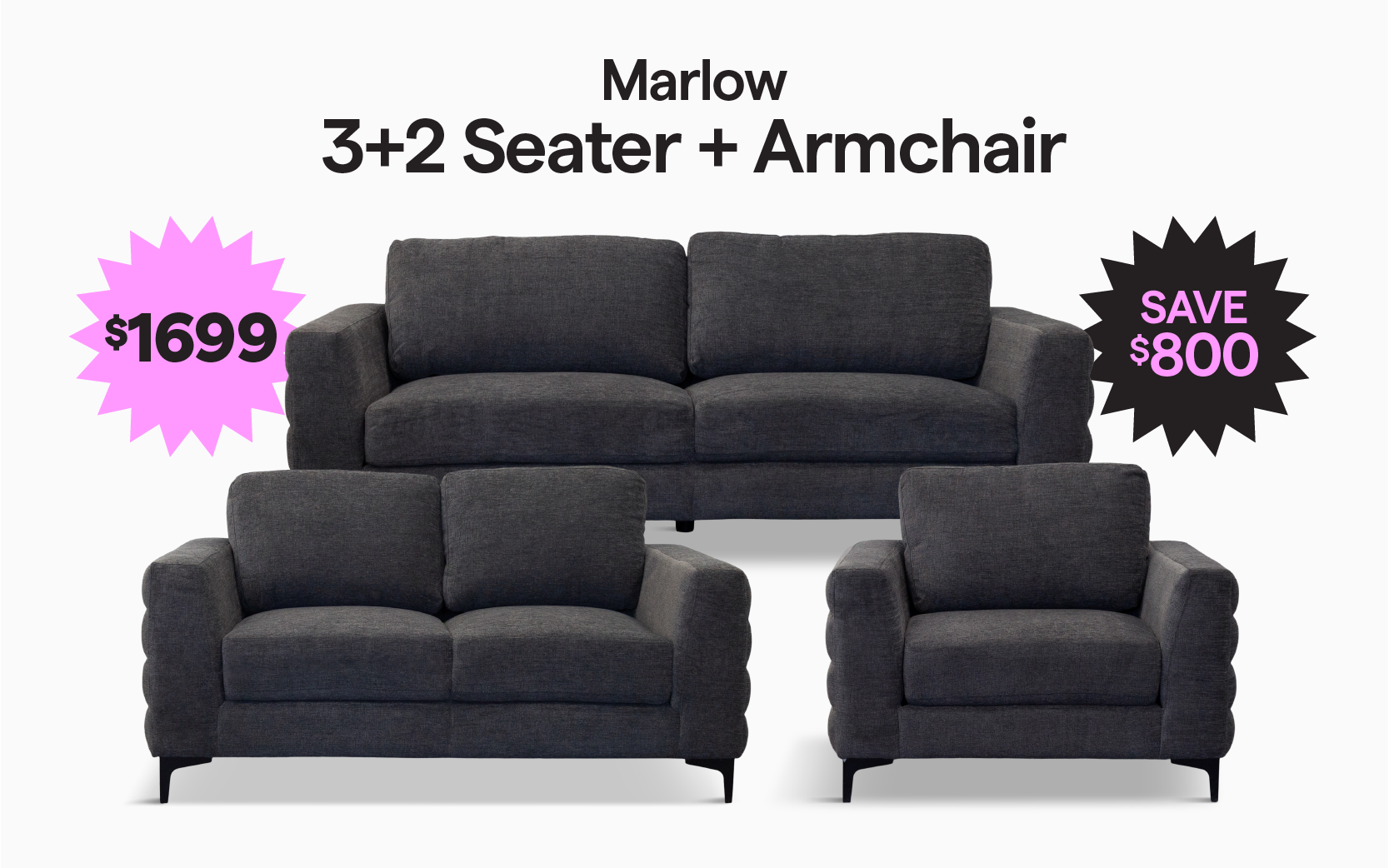 Marlow 3+2 Seater + Armchair for $1699, save $800.